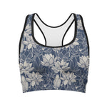 White And Blue Lotus Flower Print Women's Sports Bra