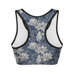 White And Blue Lotus Flower Print Women's Sports Bra