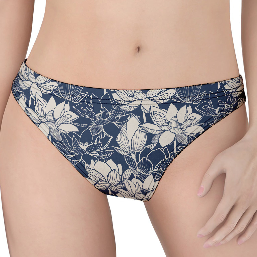 White And Blue Lotus Flower Print Women's Thong