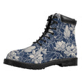 White And Blue Lotus Flower Print Padded Collar Lace Up Boots