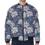 White And Blue Lotus Flower Print Zip Sleeve Bomber Jacket