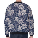 White And Blue Lotus Flower Print Zip Sleeve Bomber Jacket