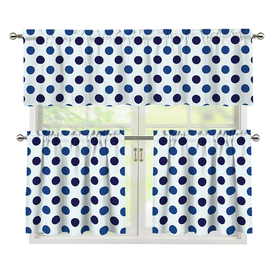 White And Blue Polka Dot Pattern Print 3 Piece Kitchen Curtains