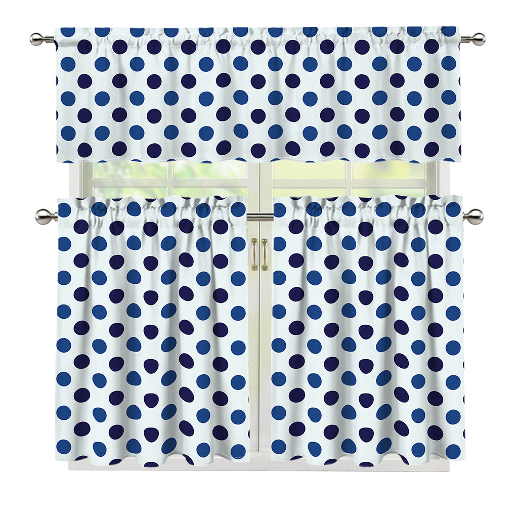 White And Blue Polka Dot Pattern Print 3 Piece Kitchen Curtains