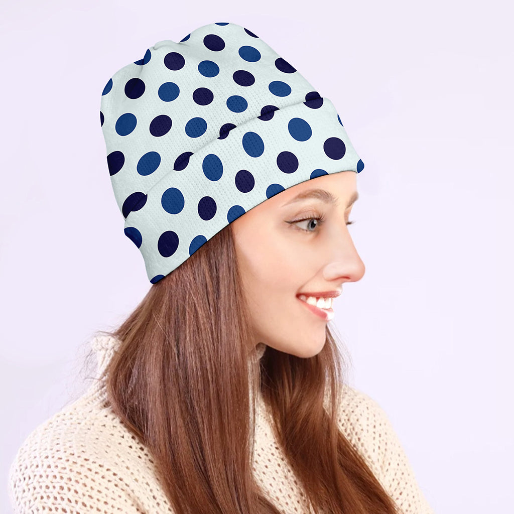 White And Blue Polka Dot Pattern Print Beanie