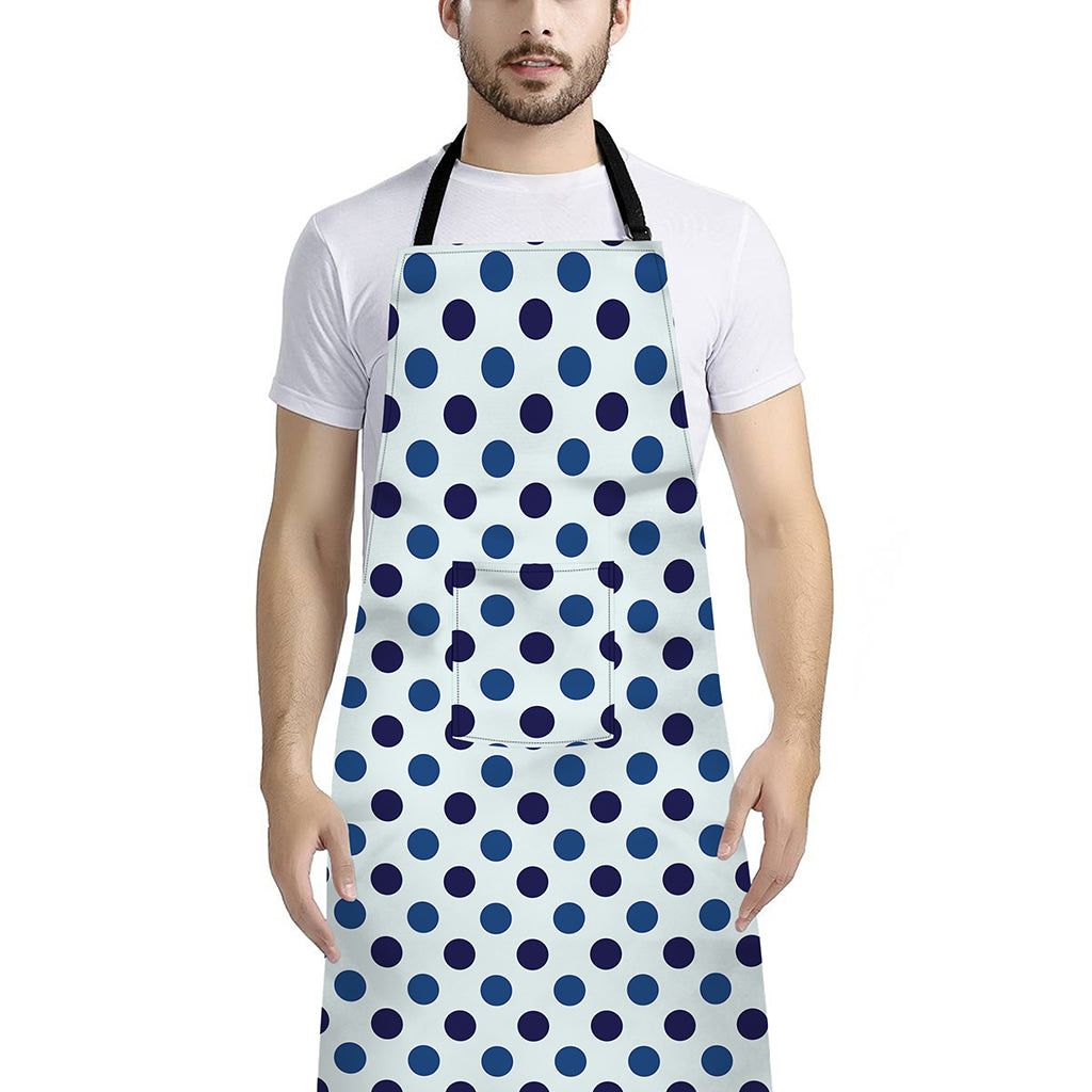 White And Blue Polka Dot Pattern Print Bib Apron With Pocket