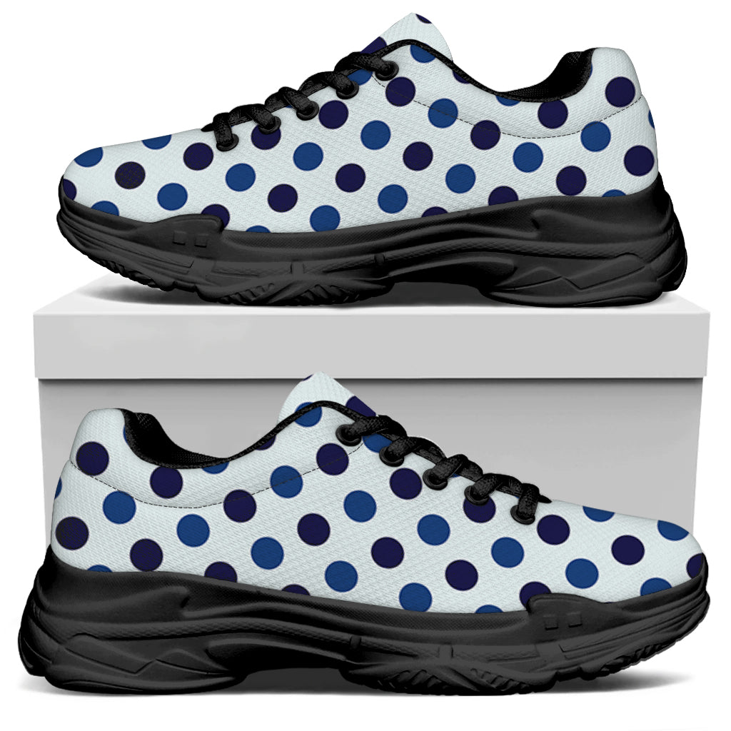 White And Blue Polka Dot Pattern Print Black Chunky Shoes