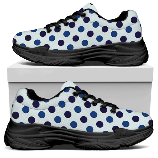 White And Blue Polka Dot Pattern Print Black Chunky Shoes