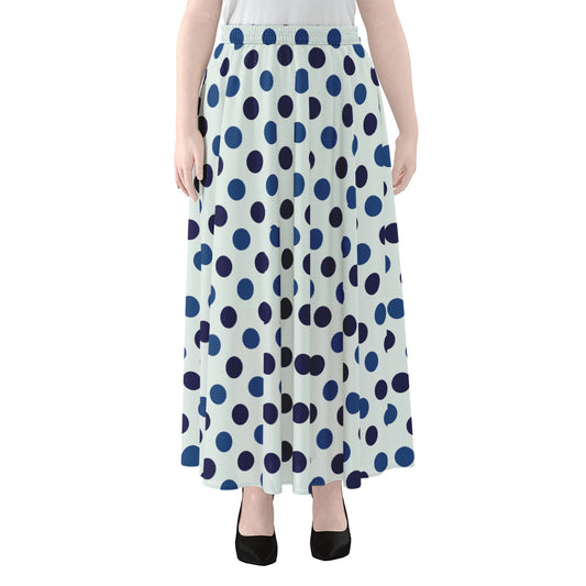White And Blue Polka Dot Pattern Print Chiffon Maxi Skirt