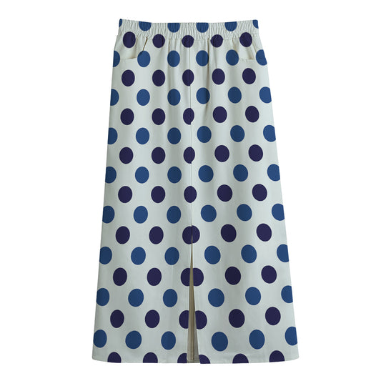 White And Blue Polka Dot Pattern Print Cotton Front Slit Maxi Skirt