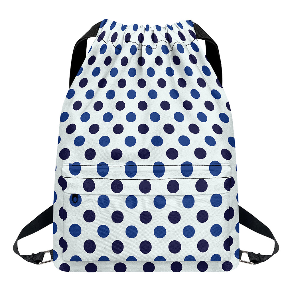 White And Blue Polka Dot Pattern Print Drawstring Backpack