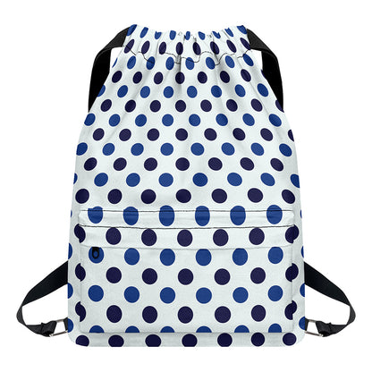 White And Blue Polka Dot Pattern Print Drawstring Backpack