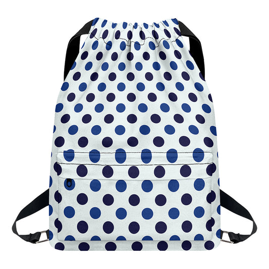 White And Blue Polka Dot Pattern Print Drawstring Backpack