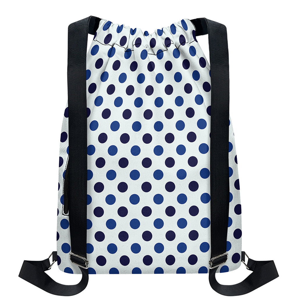 White And Blue Polka Dot Pattern Print Drawstring Backpack