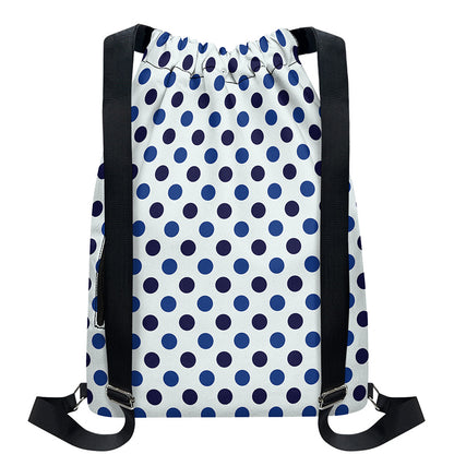 White And Blue Polka Dot Pattern Print Drawstring Backpack