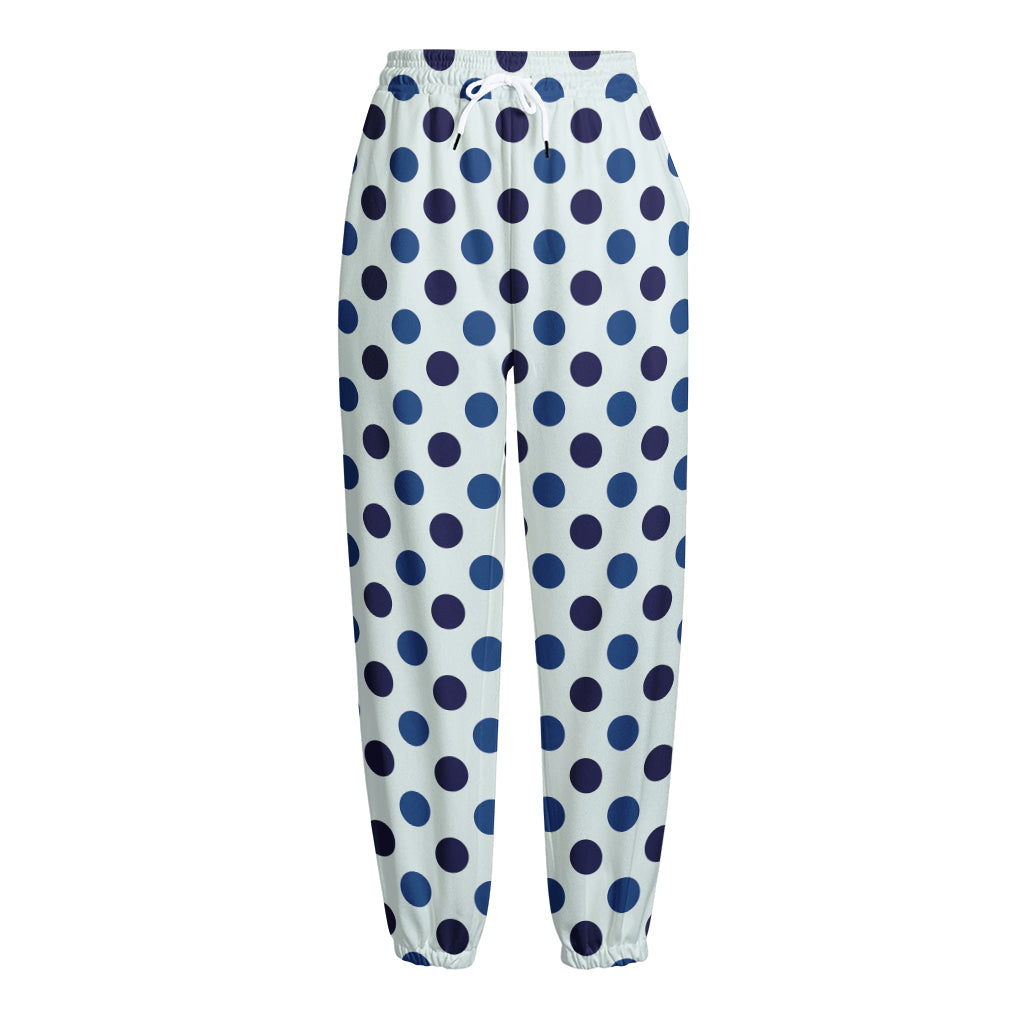 White And Blue Polka Dot Pattern Print Fleece Lined Knit Pants