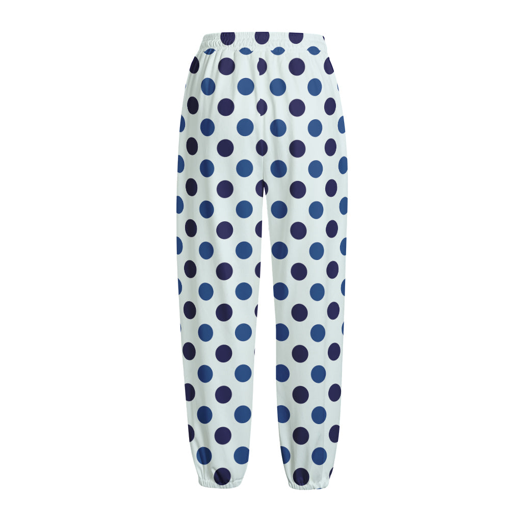White And Blue Polka Dot Pattern Print Fleece Lined Knit Pants