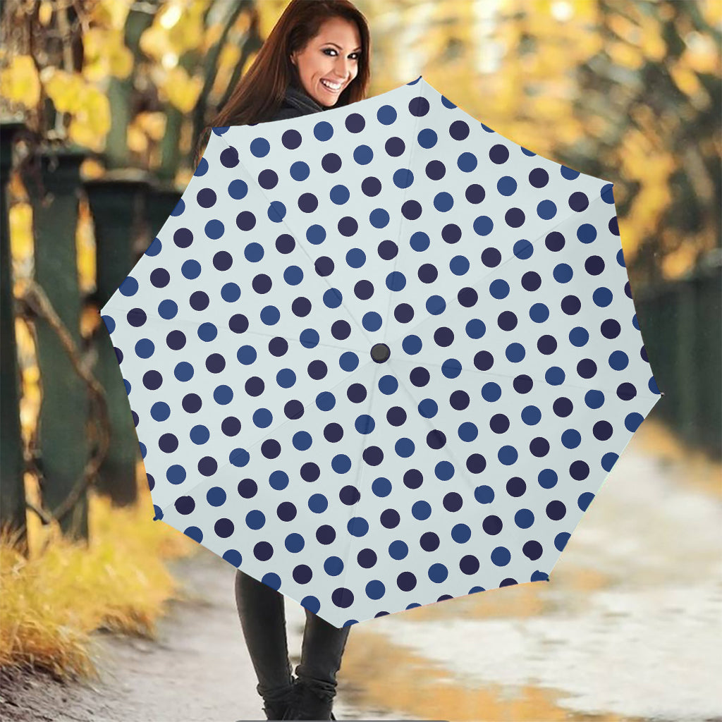 White And Blue Polka Dot Pattern Print Foldable Umbrella