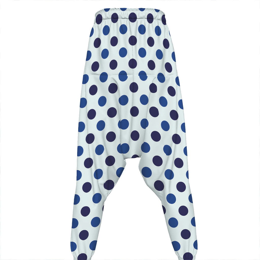 White And Blue Polka Dot Pattern Print Hammer Pants