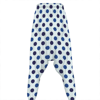 White And Blue Polka Dot Pattern Print Hammer Pants