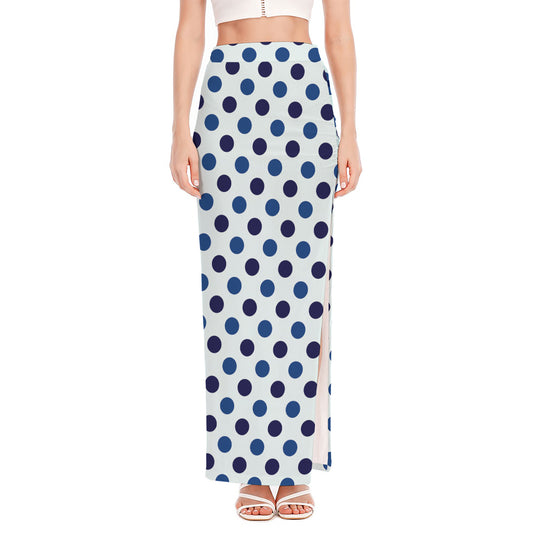White And Blue Polka Dot Pattern Print High Slit Maxi Skirt
