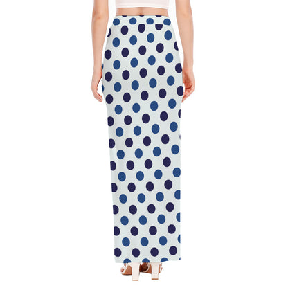 White And Blue Polka Dot Pattern Print High Slit Maxi Skirt