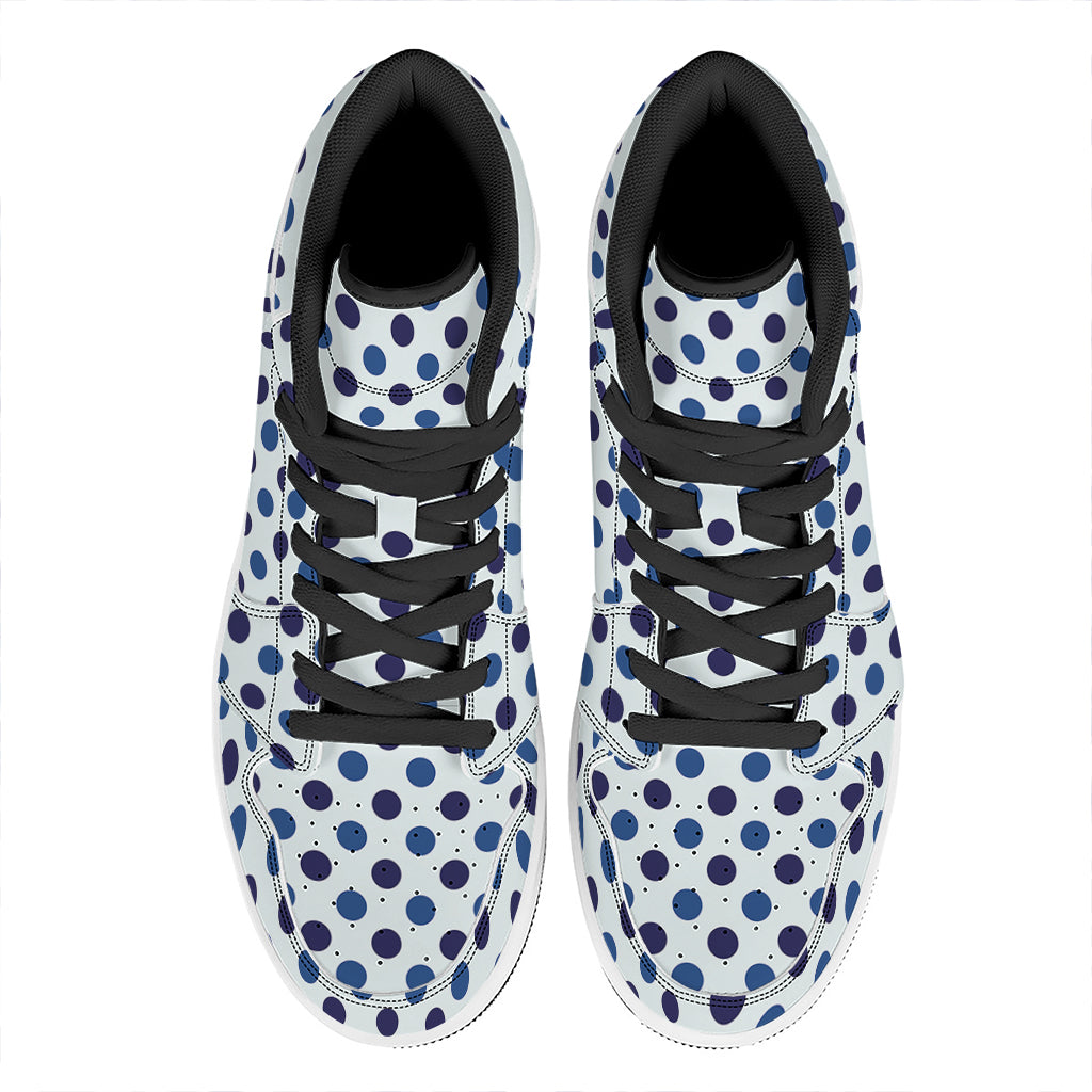 White And Blue Polka Dot Pattern Print High Top Leather Sneakers