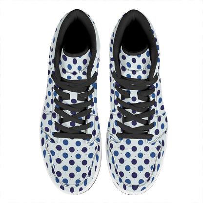 White And Blue Polka Dot Pattern Print High Top Leather Sneakers