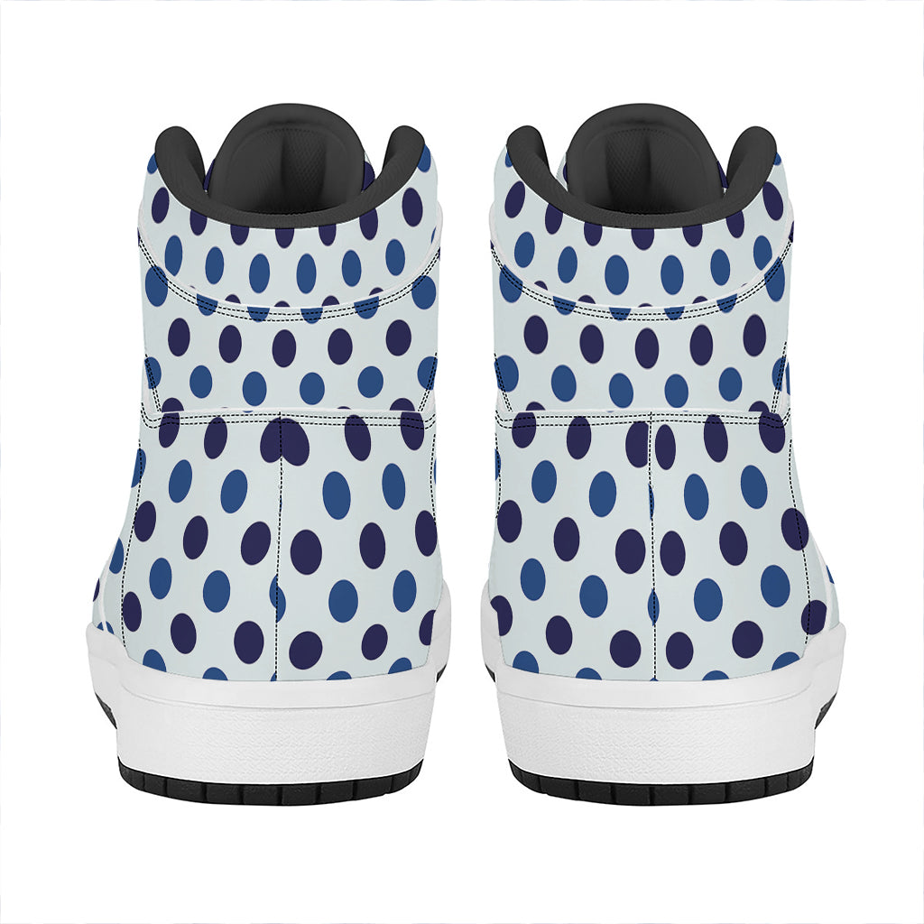 White And Blue Polka Dot Pattern Print High Top Leather Sneakers