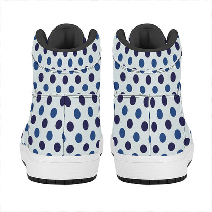 White And Blue Polka Dot Pattern Print High Top Leather Sneakers