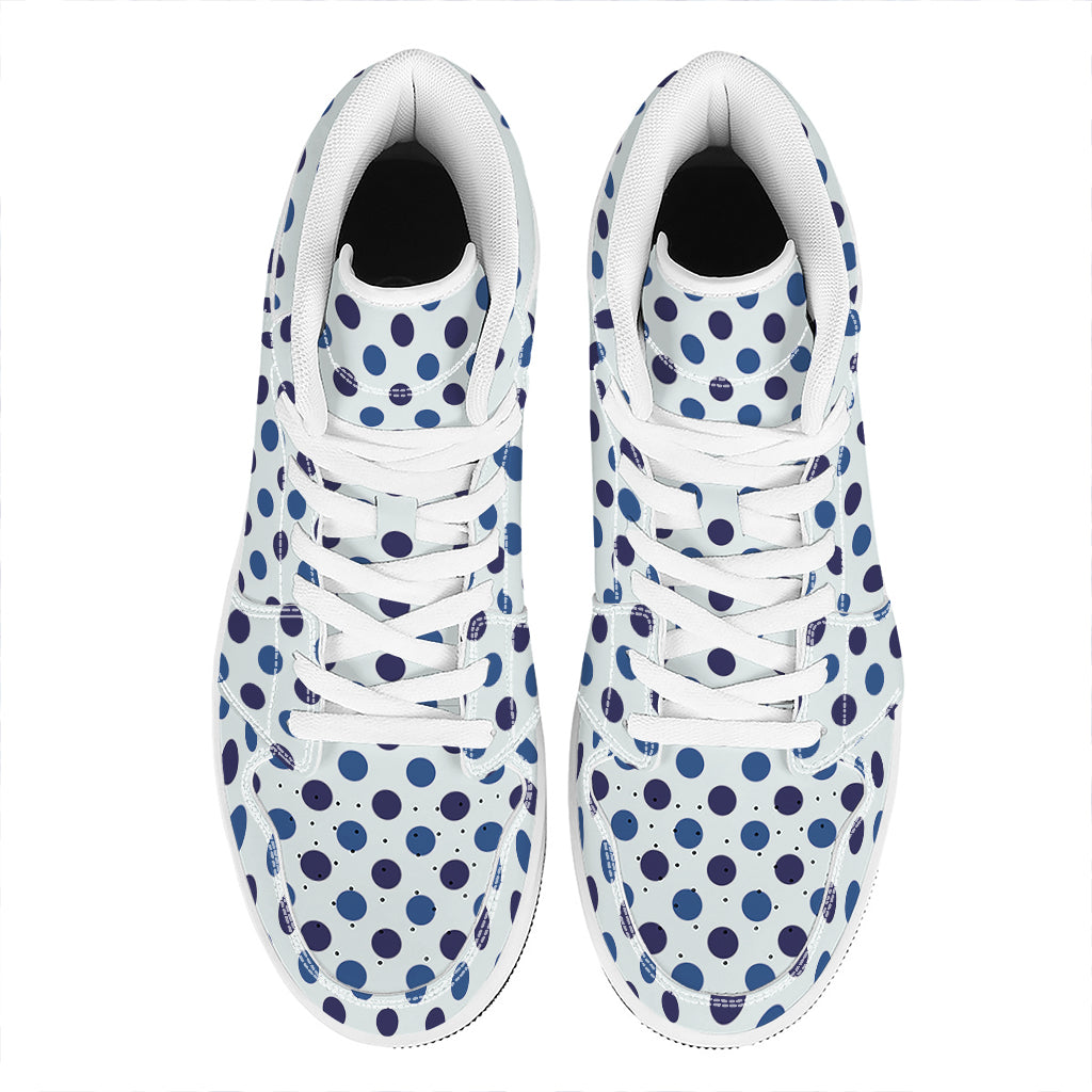 White And Blue Polka Dot Pattern Print High Top Leather Sneakers