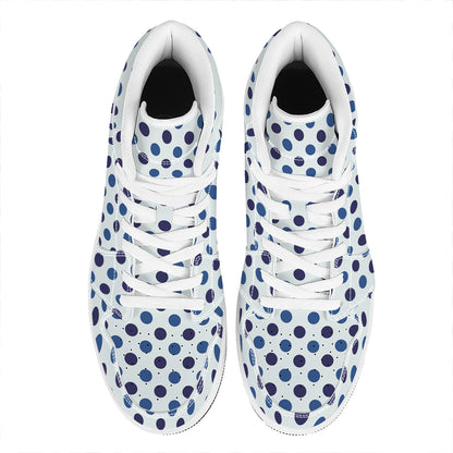 White And Blue Polka Dot Pattern Print High Top Leather Sneakers