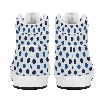 White And Blue Polka Dot Pattern Print High Top Leather Sneakers