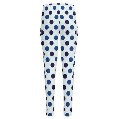 White And Blue Polka Dot Pattern Print High-Waisted Pocket Leggings