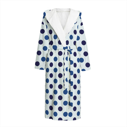 White And Blue Polka Dot Pattern Print Hooded Bathrobe