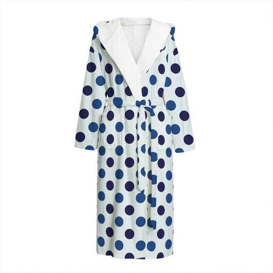 White And Blue Polka Dot Pattern Print Hooded Bathrobe