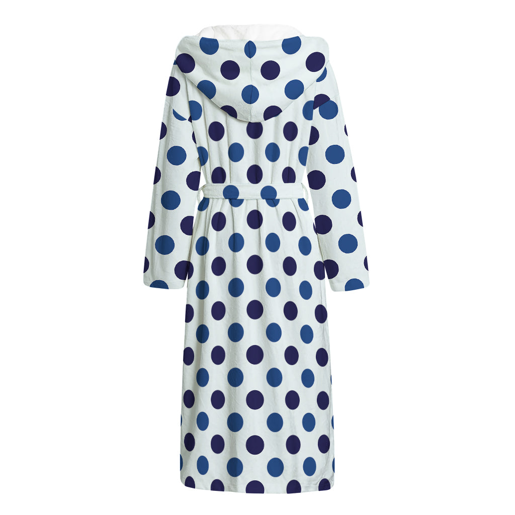 White And Blue Polka Dot Pattern Print Hooded Bathrobe