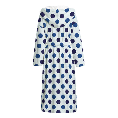 White And Blue Polka Dot Pattern Print Hooded Bathrobe