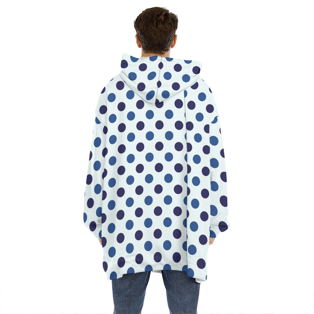 White And Blue Polka Dot Pattern Print Hoodie Blanket