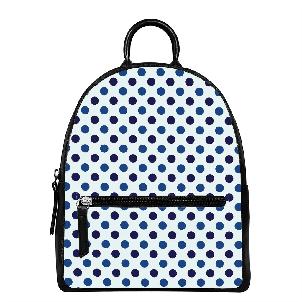 White And Blue Polka Dot Pattern Print Leather Backpack