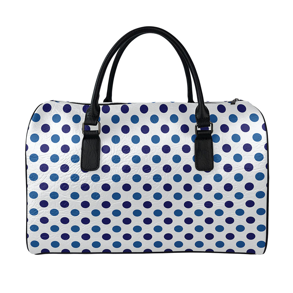 White And Blue Polka Dot Pattern Print Leather Duffle Bag