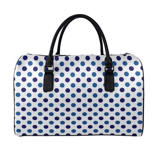 White And Blue Polka Dot Pattern Print Leather Duffle Bag