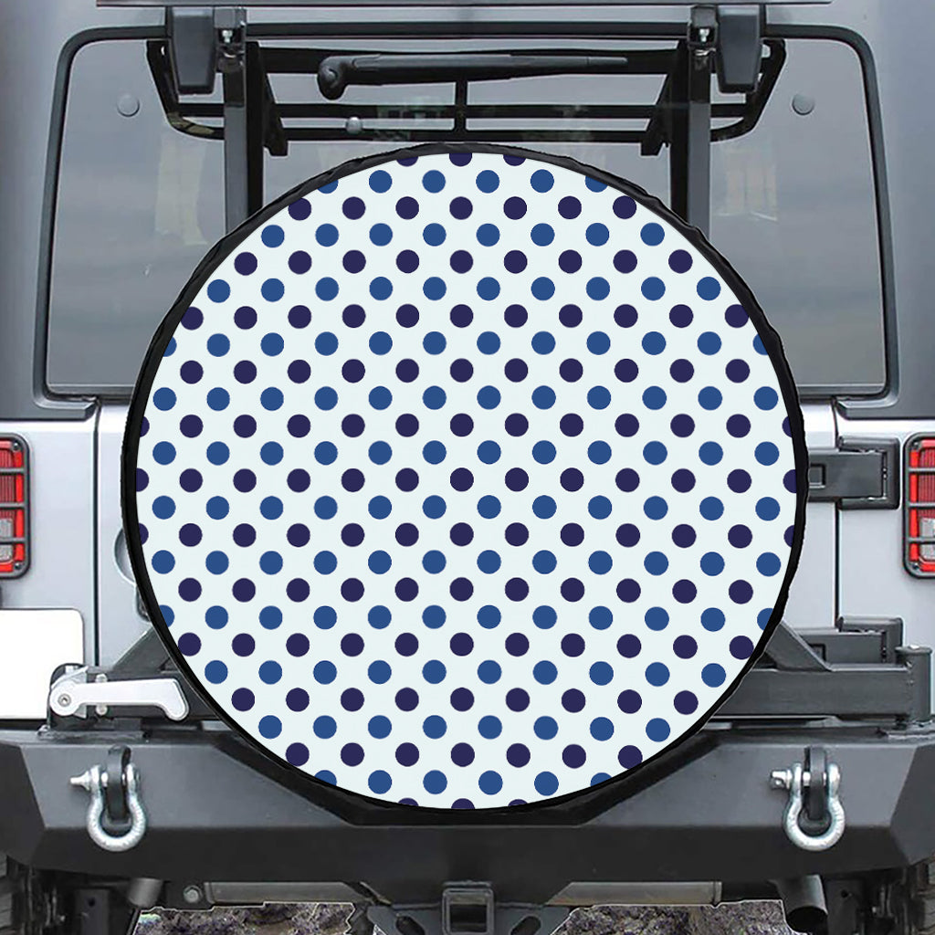 White And Blue Polka Dot Pattern Print Leather Spare Tire Cover