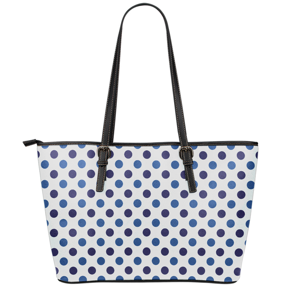 White And Blue Polka Dot Pattern Print Leather Tote Bag