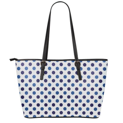 White And Blue Polka Dot Pattern Print Leather Tote Bag