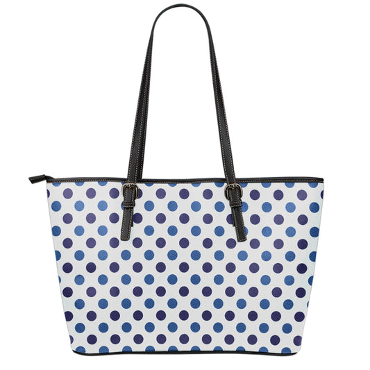 White And Blue Polka Dot Pattern Print Leather Tote Bag