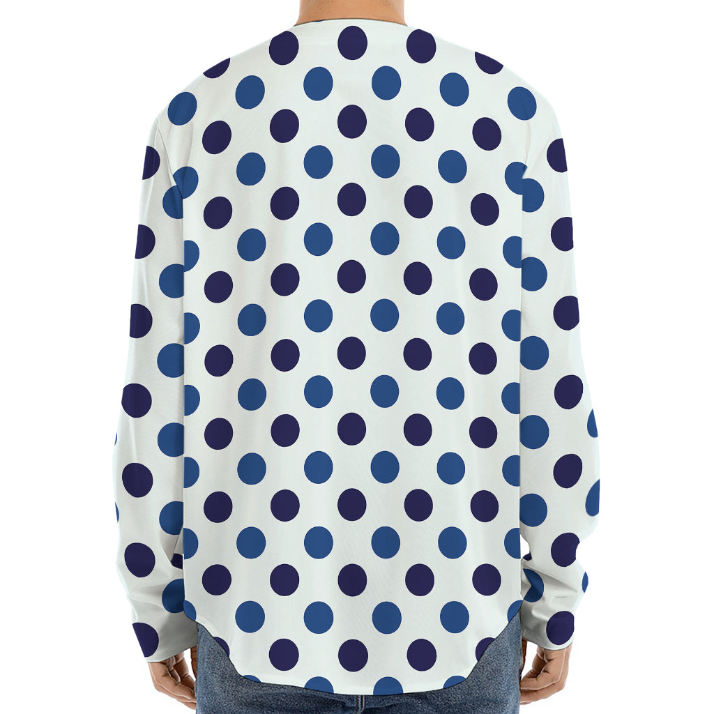 White And Blue Polka Dot Pattern Print Long Sleeve Baseball Jersey