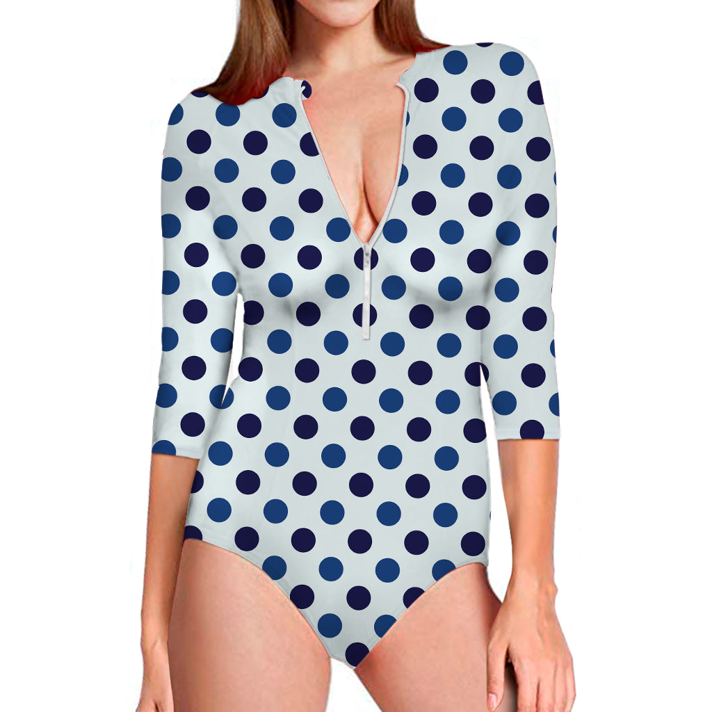 White And Blue Polka Dot Pattern Print Long Sleeve Swimsuit