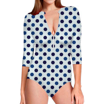 White And Blue Polka Dot Pattern Print Long Sleeve Swimsuit