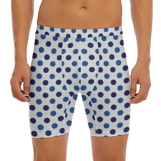 White And Blue Polka Dot Pattern Print Men's Long Boxer Briefs
